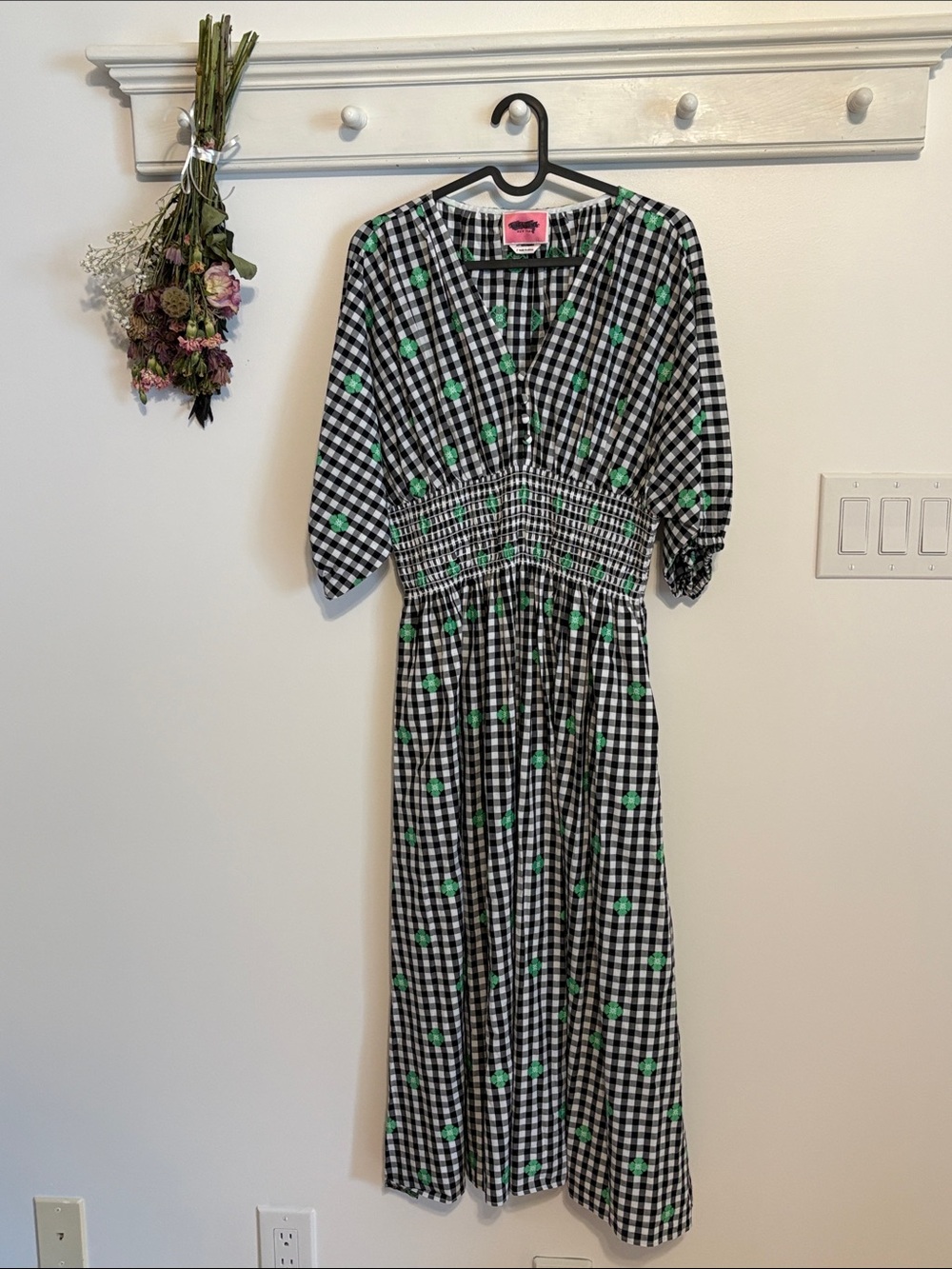 kate spade Black & White Gingham Midi Dress with Green Floral Accents